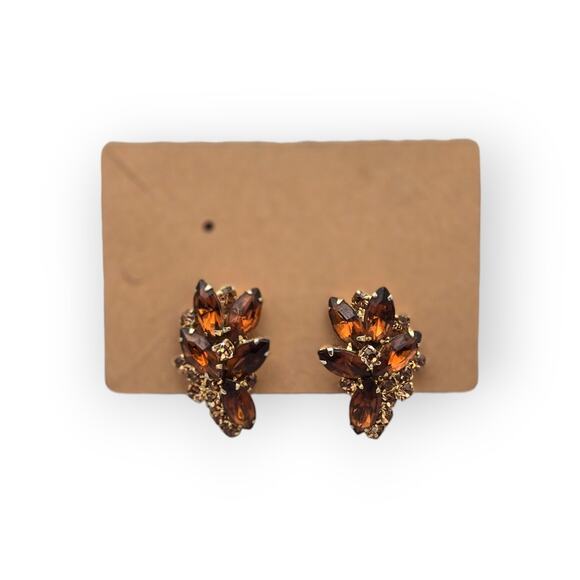 Amber Rhinestone Cluster Clip-On Vintage Earrings - Picture 2 of 5